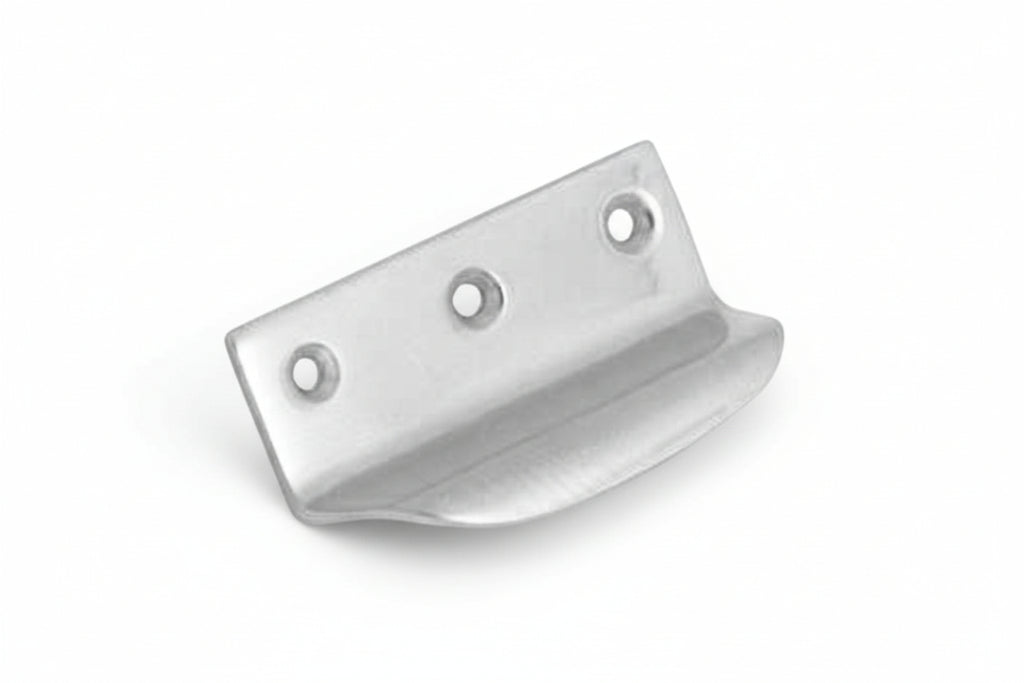 Metal bracket with three holes on a white background