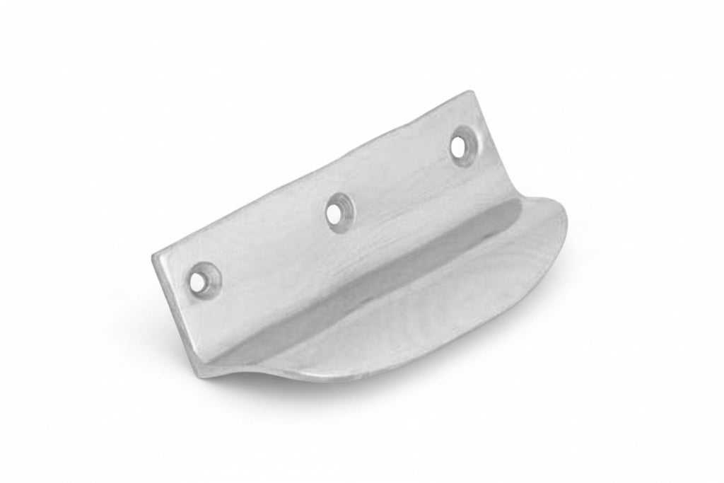 Metal bracket with three holes on a white background