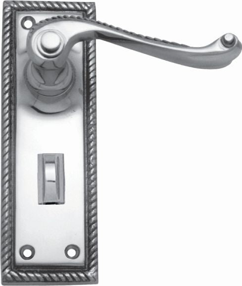 Silver door handle with decorative plate on a white background