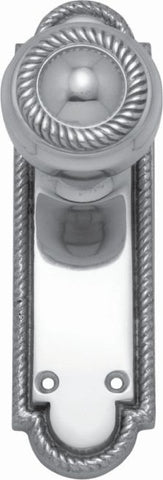 Decorative door handle with a metallic finish on a white background