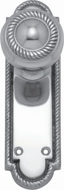 Decorative door handle with a metallic finish on a white background