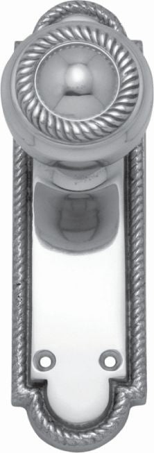 Decorative door handle with a metallic finish on a white background