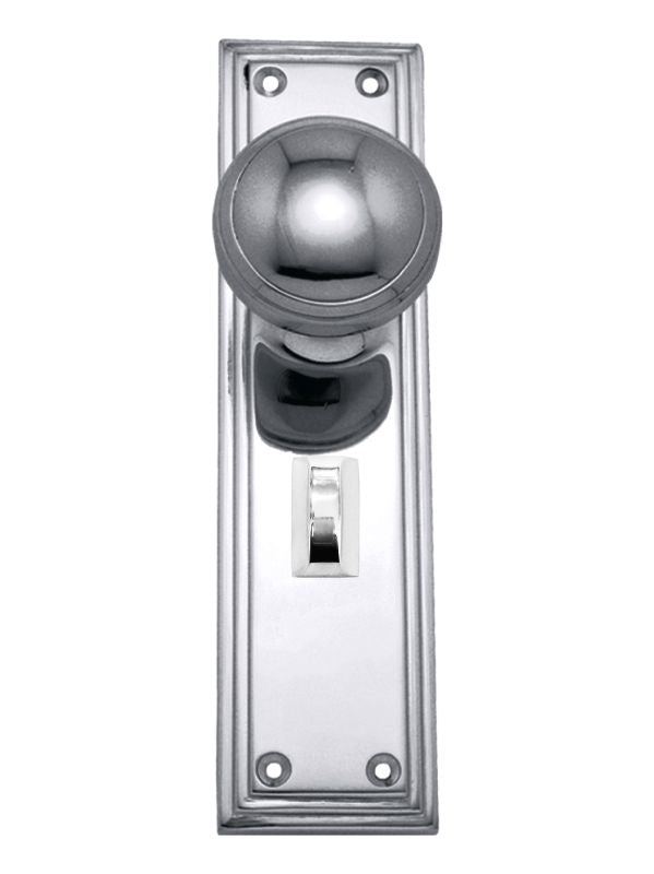 Chrome door handle with a rectangular plate on a white background