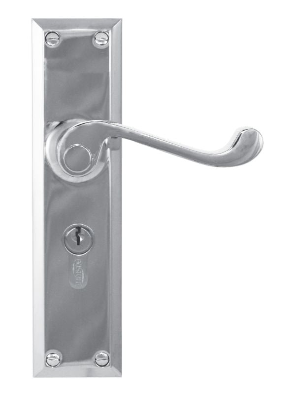 Metal door handle with lock on a white background