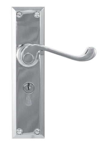 Metal door handle with lock on a white background