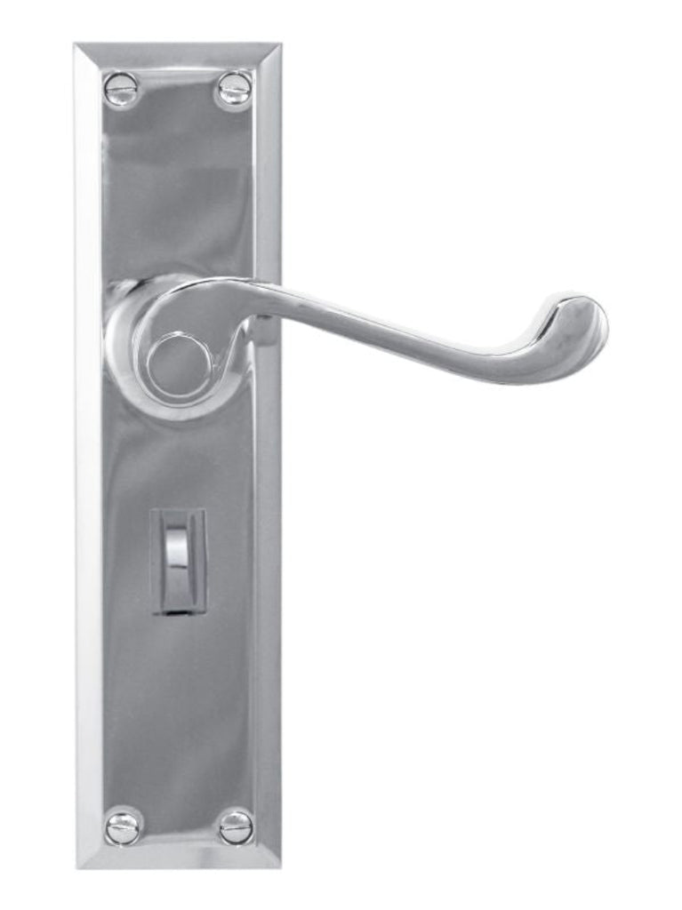 Metal door handle and plate on a white background