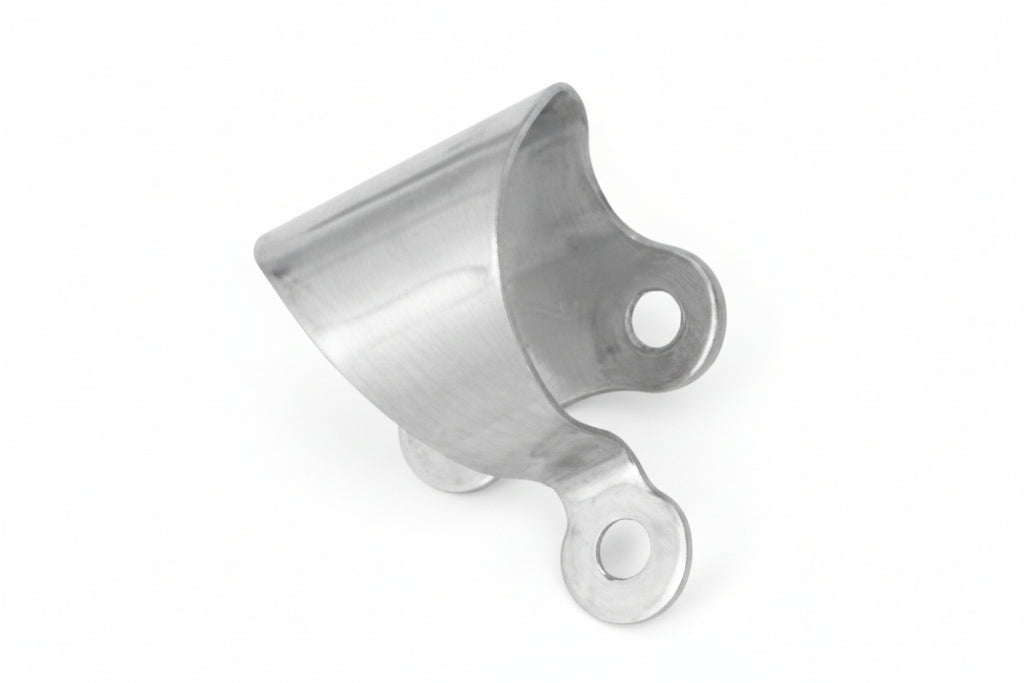 Metal bracket with two holes on a white background