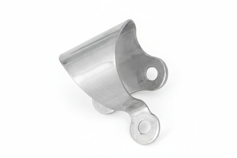 Metal bracket with two holes on a white background