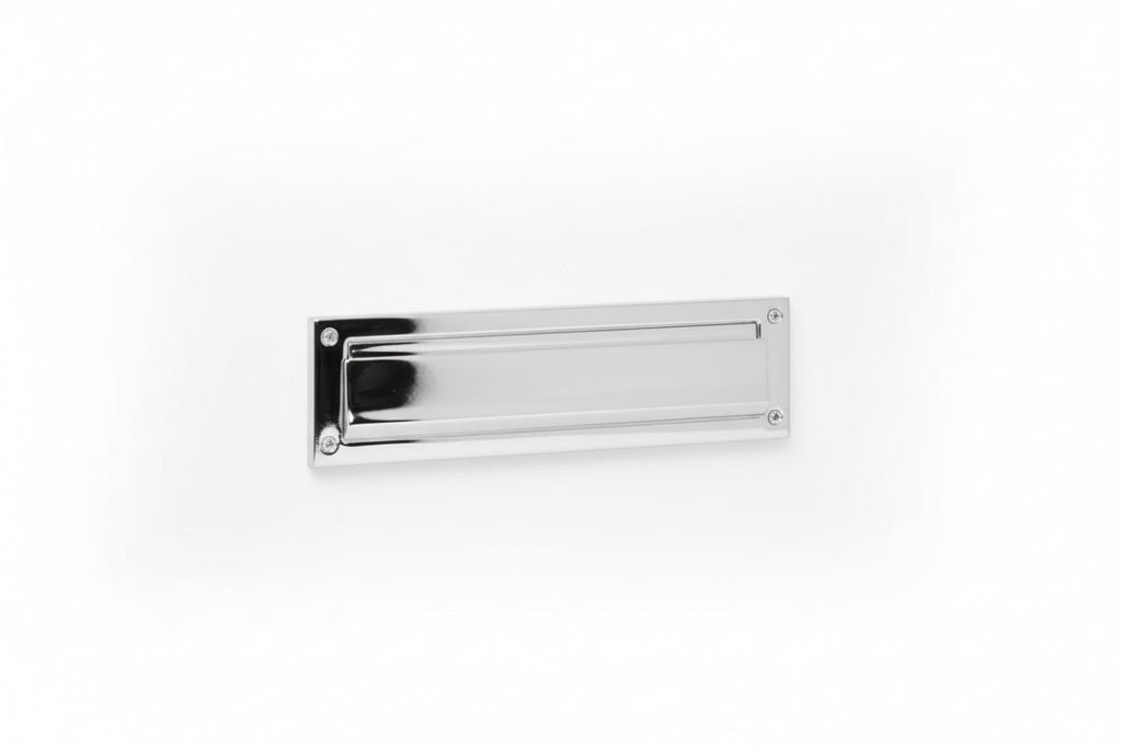 Rectangular white metal plate with screws on a white background