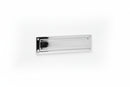 Rectangular white metal plate with screws on a white background