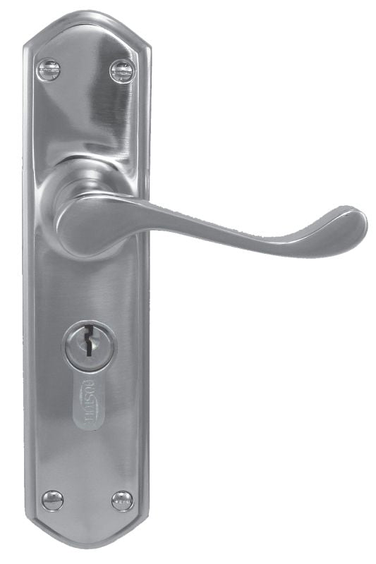 Metal door handle with keyhole on a white background