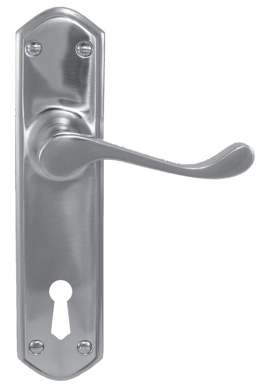 Metal door handle with keyhole on a white background