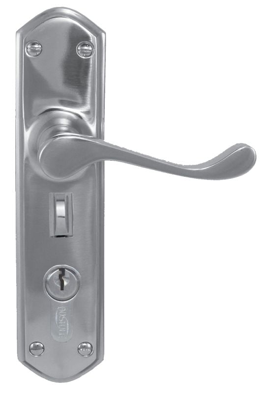 Metal door handle with lock on a white background
