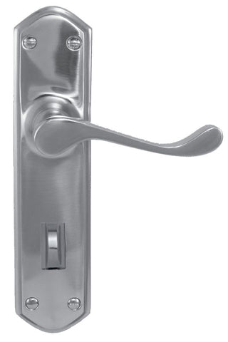 Metal door handle with plate on a white background