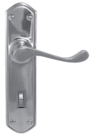 Metal door handle with plate on a white background