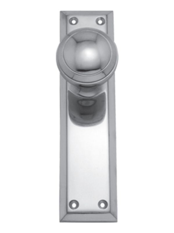 Metal door handle with a rectangular plate on a white background