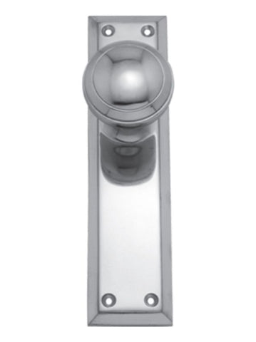 Metal door handle with a rectangular plate on a white background