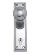 Metal door handle with keyhole on a white background