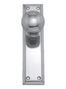 Metal door handle with a rectangular plate on a white background