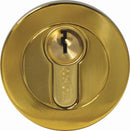 Gold cylindrical door lock on a white background