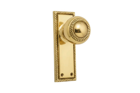 Gold door handle with decorative plate on a white background