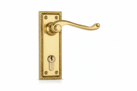Gold door handle with a decorative plate on a white background