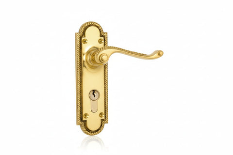 Gold door handle with lock on a white background