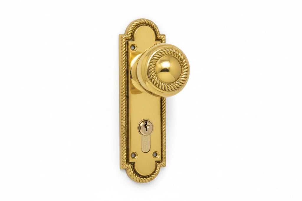 Gold door handle with decorative plate on a white background