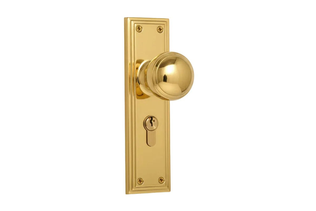 Gold door handle and plate on a white background