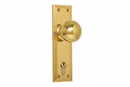 Gold door handle and lock set on a white background