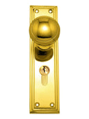 Gold door handle and lock set on a white background