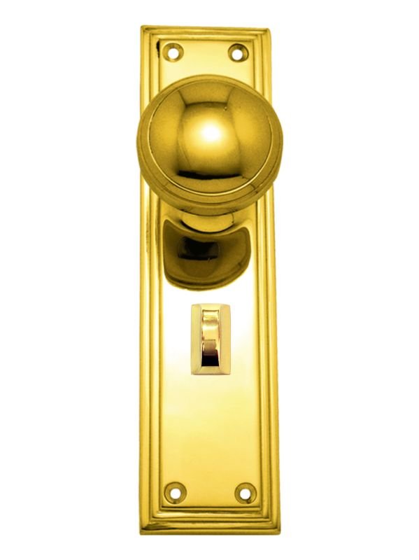 Gold door handle with matching plate on a white background