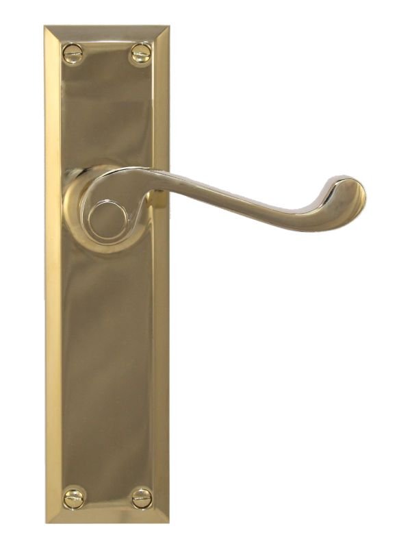 Brass door handle with rectangular plate on a white background