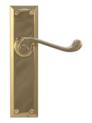 Brass door handle with rectangular plate on a white background