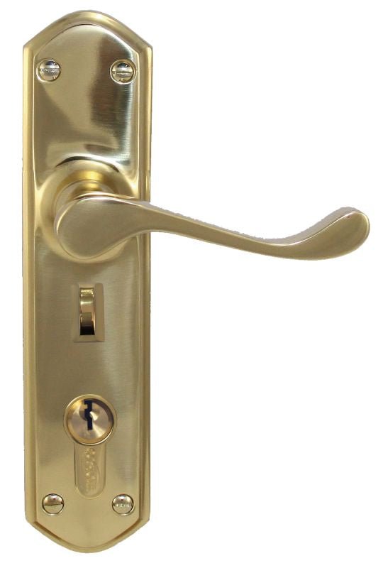 Gold door handle with lock mechanism on a white background