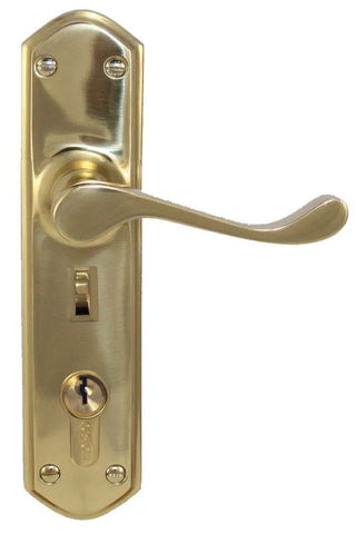 Gold door handle with lock mechanism on a white background