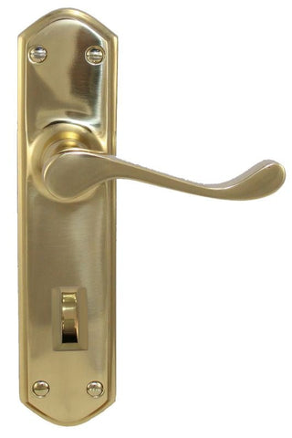 Brass door handle with plate on a white background