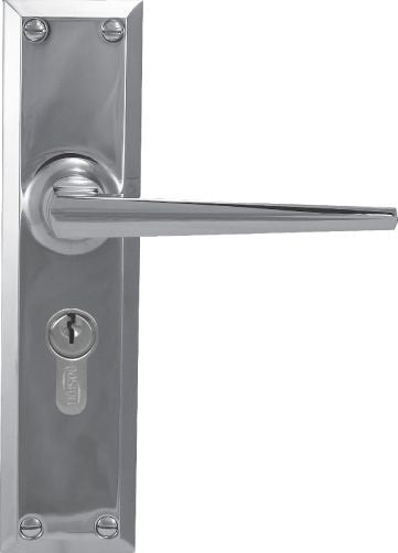 Metal door handle with lock on a white background