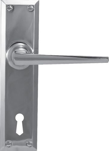 Chrome door handle and lock on a white background