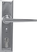 Metal door handle and lock mechanism on a white background