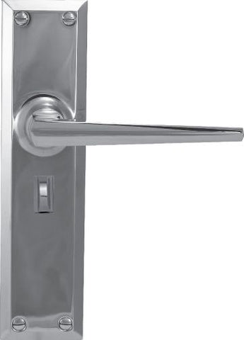 Chrome door handle on a metallic door with a white background