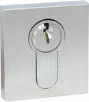 Metallic lock mechanism on a white background