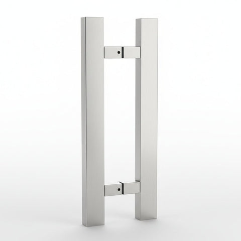 Stainless steel door handle on a dark background