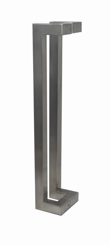 Stainless steel door handle on a white background