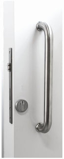 White door with a silver handle and lock on a white background