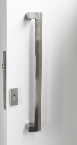 Stainless steel door handle on a white door with a metallic lock.