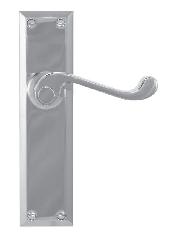 Silver door handle with rectangular plate on a white background