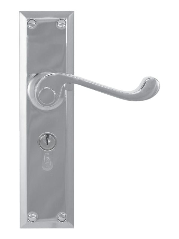 Metal door handle with keyhole on a white background