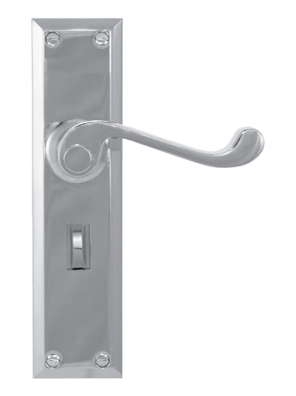 Metal door handle with lock on a white background