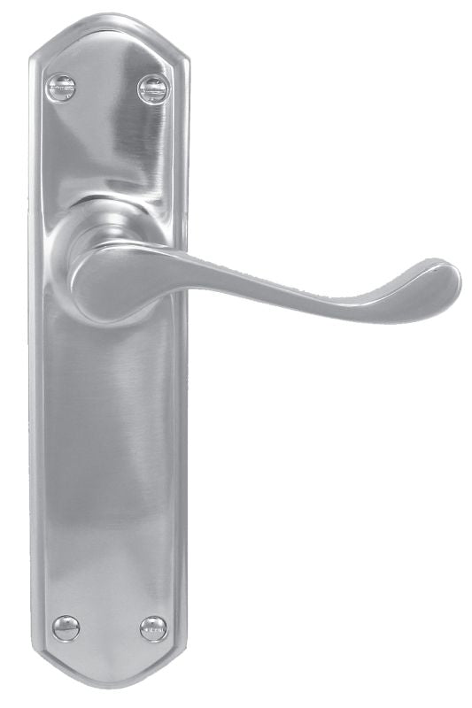 Metal door handle and plate on a white background